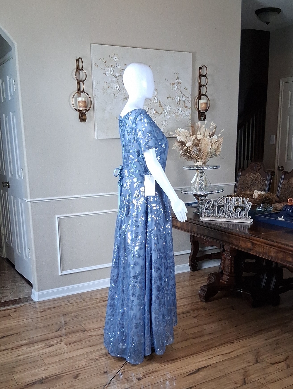 New Women's Dusty Blue Sequin Lace Evening Formal High Low Dress Size 14 - Picture 12 of 16